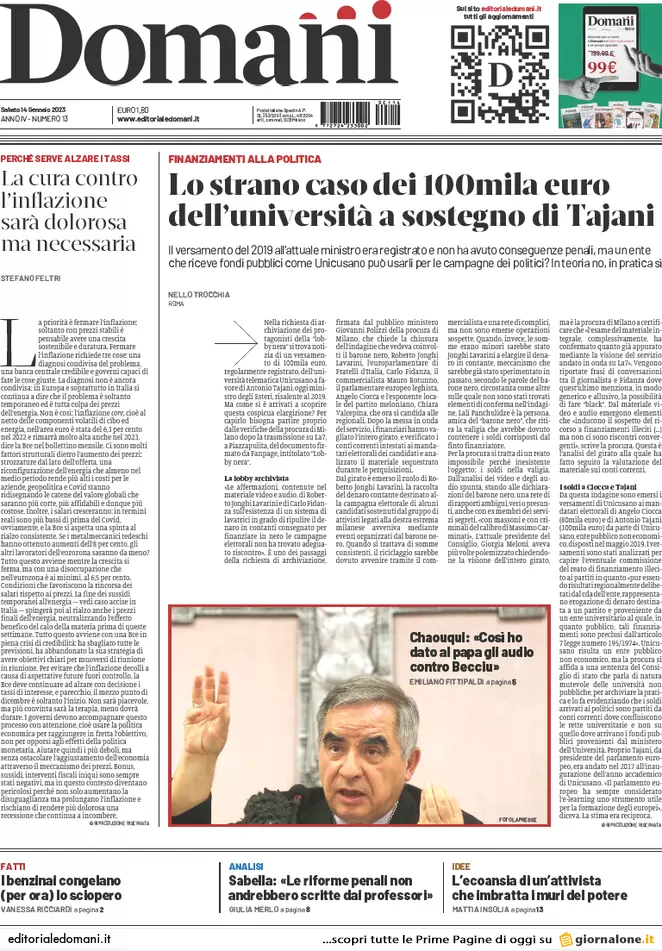 Prime pagine giornali 14 gennaio 2023. Governo diviso e in guerra con l’Europa