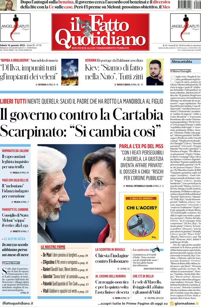 Prime pagine giornali 14 gennaio 2023. Governo diviso e in guerra con l’Europa