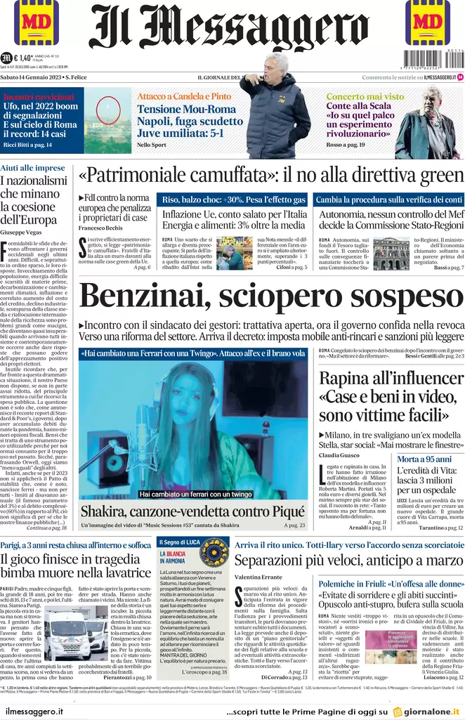 Prime pagine giornali 14 gennaio 2023. Governo diviso e in guerra con l’Europa