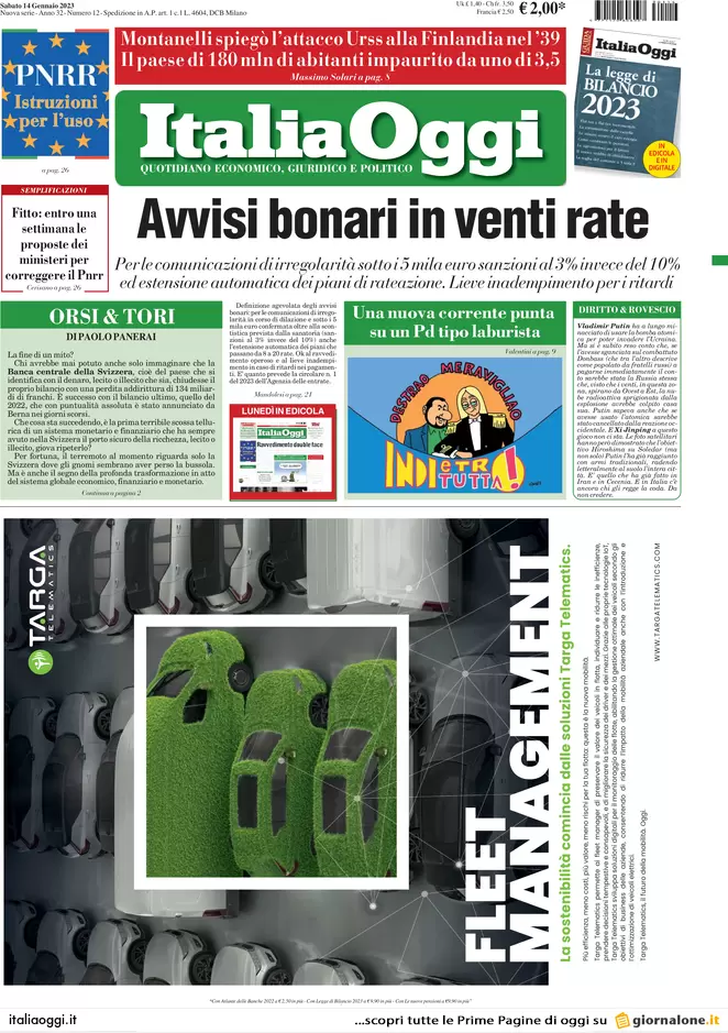 Prime pagine giornali economici 14 gennaio. Bond, l’anno parte a 100 miliardi Prime pagine giornali economici 14 gennaio. Bond, l’anno parte a 100 miliardi