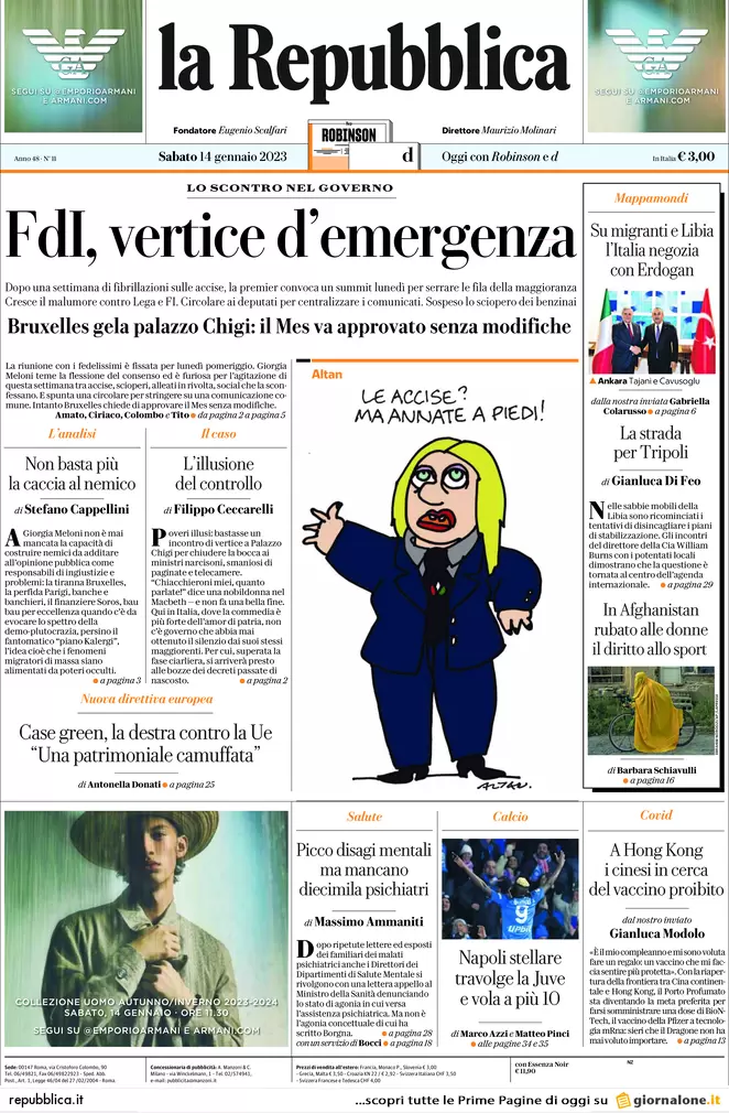 Prime pagine giornali 14 gennaio 2023. Governo diviso e in guerra con l’Europa