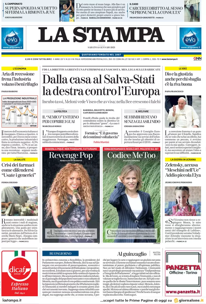 Prime pagine giornali 14 gennaio 2023. Governo diviso e in guerra con l’Europa