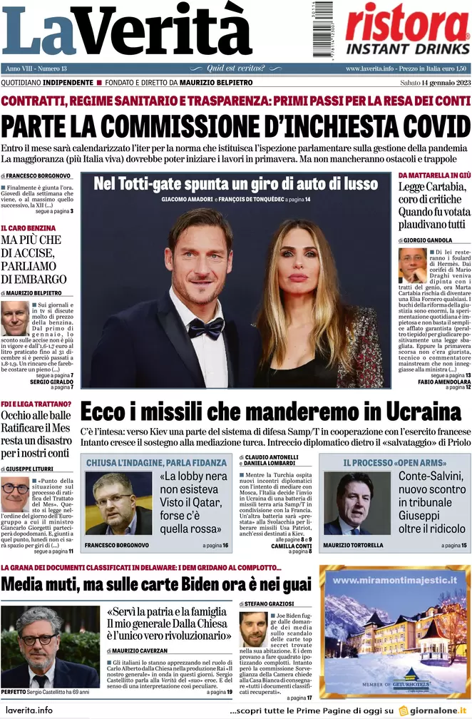 Prime pagine giornali 14 gennaio 2023. Governo diviso e in guerra con l’Europa
