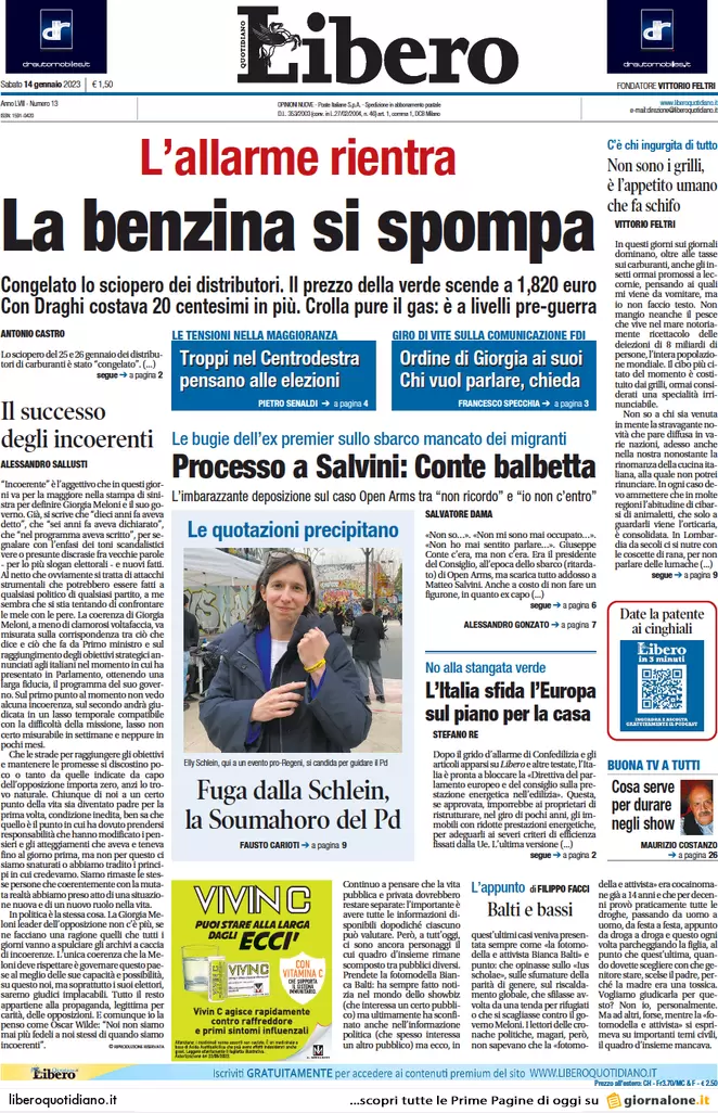 Prime pagine giornali 14 gennaio 2023. Governo diviso e in guerra con l’Europa
