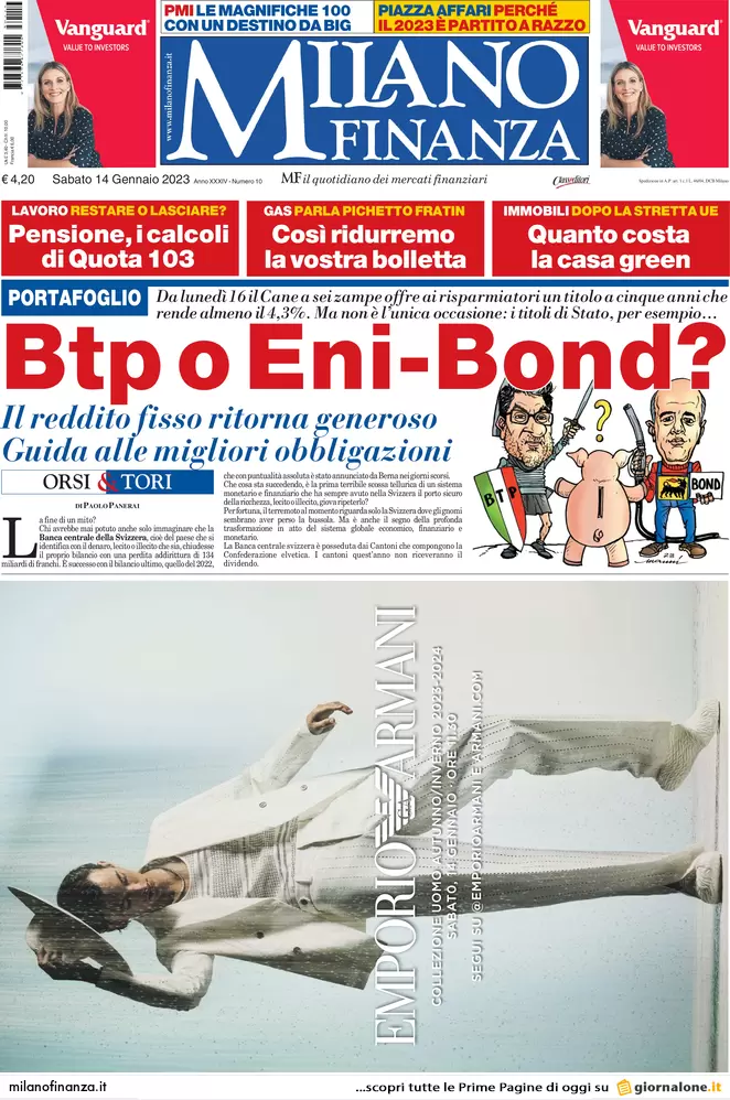 Prime pagine giornali economici 14 gennaio. Bond, l’anno parte a 100 miliardi Prime pagine giornali economici 14 gennaio. Bond, l’anno parte a 100 miliardi