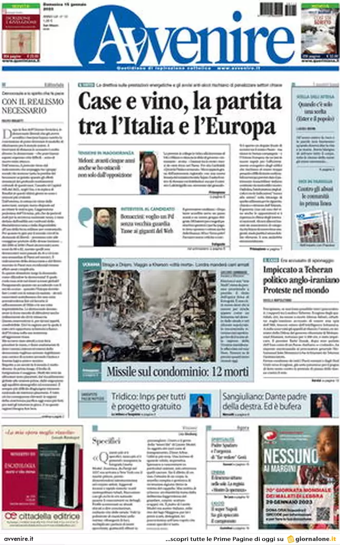 Prime pagine giornali 15 gennaio 2023. Tensione Fi-FdI. Cartabia: Nordio cede