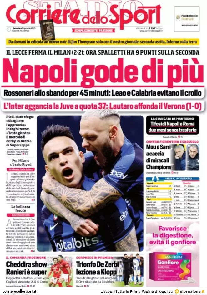 Prime pagine giornali 15 gennaio 2023. Tensione Fi-FdI. Cartabia: Nordio cede