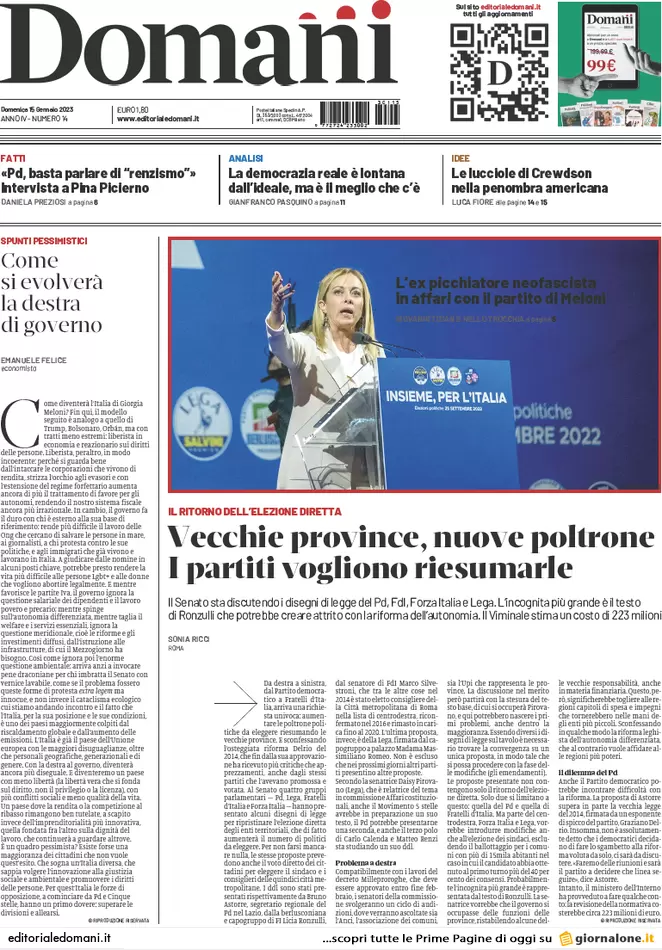 Prime pagine giornali 15 gennaio 2023. Tensione Fi-FdI. Cartabia: Nordio cede