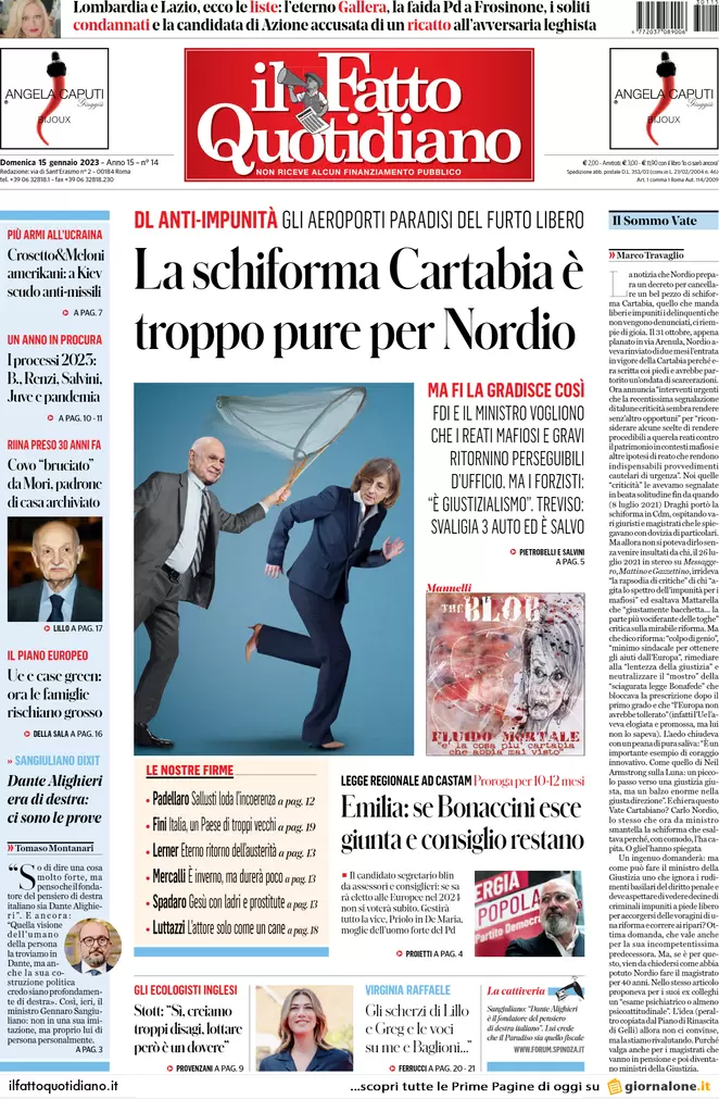 Prime pagine giornali 15 gennaio 2023. Tensione Fi-FdI. Cartabia: Nordio cede