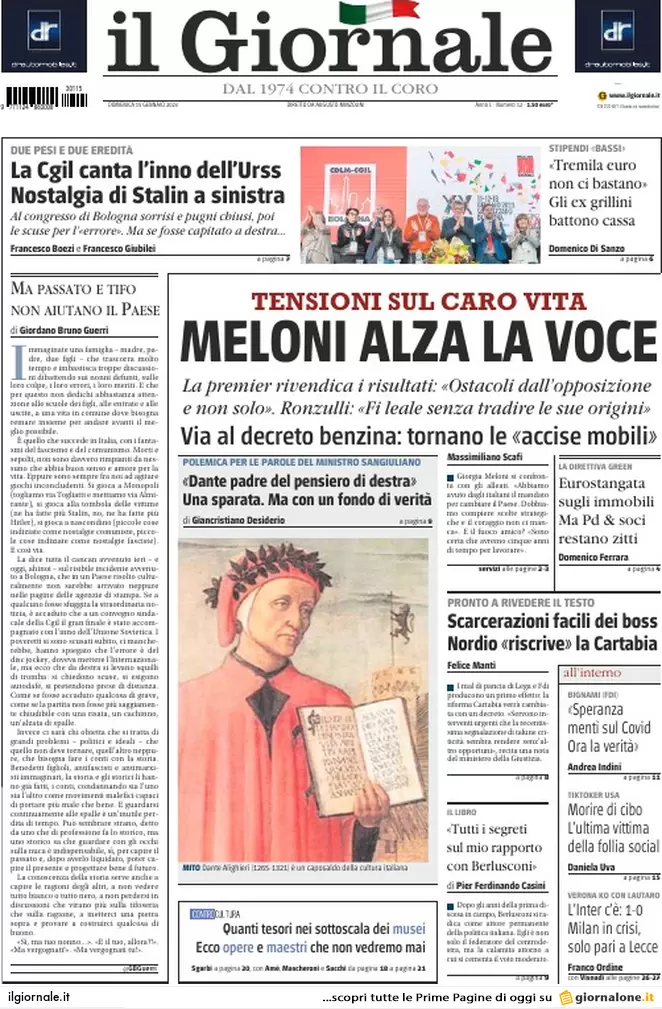 Prime pagine giornali 15 gennaio 2023. Tensione Fi-FdI. Cartabia: Nordio cede