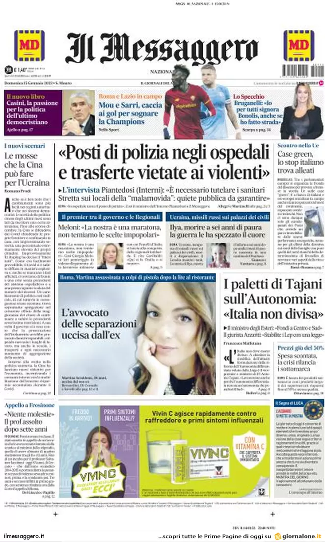 Prime pagine giornali 15 gennaio 2023. Tensione Fi-FdI. Cartabia: Nordio cede