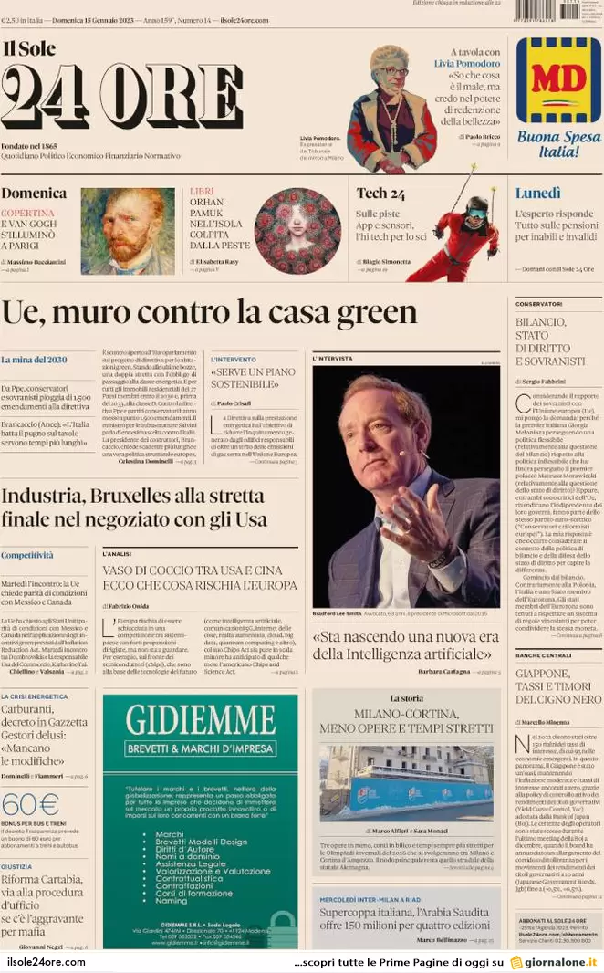 Prime pagine giornali economici 15 gennaio. Ue, muro contro la casa green Prime pagine giornali economici 15 gennaio. Ue, muro contro la casa green