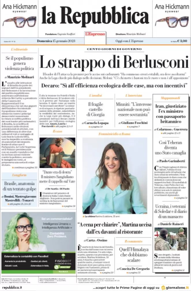 Prime pagine giornali 15 gennaio 2023. Tensione Fi-FdI. Cartabia: Nordio cede