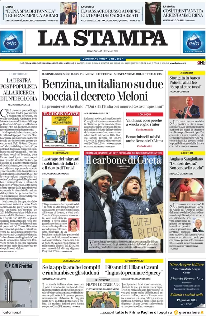 Prime pagine giornali 15 gennaio 2023. Tensione Fi-FdI. Cartabia: Nordio cede