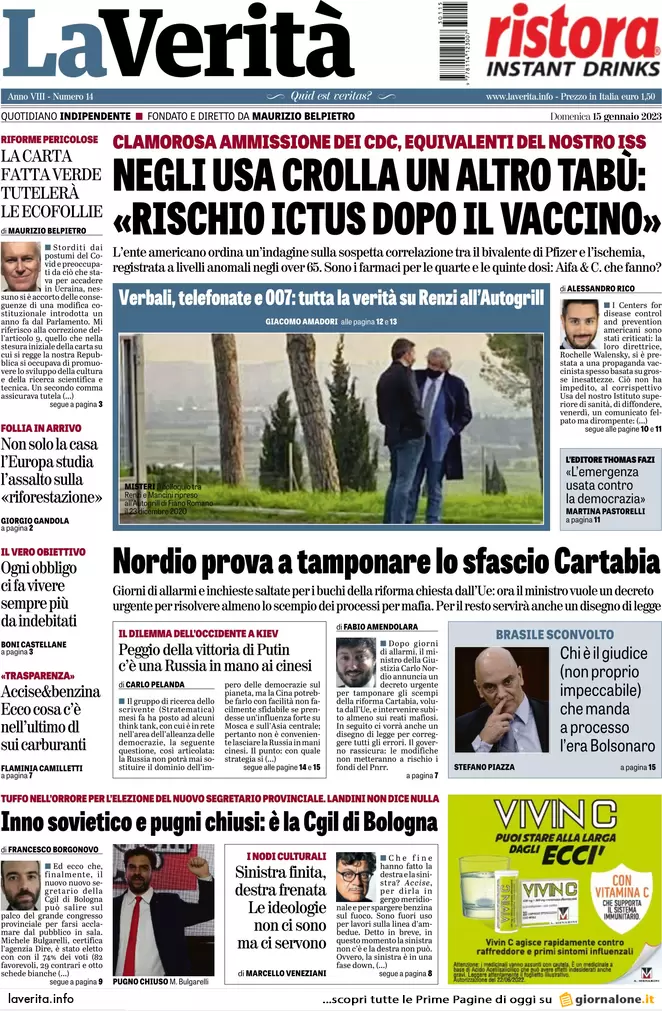Prime pagine giornali 15 gennaio 2023. Tensione Fi-FdI. Cartabia: Nordio cede