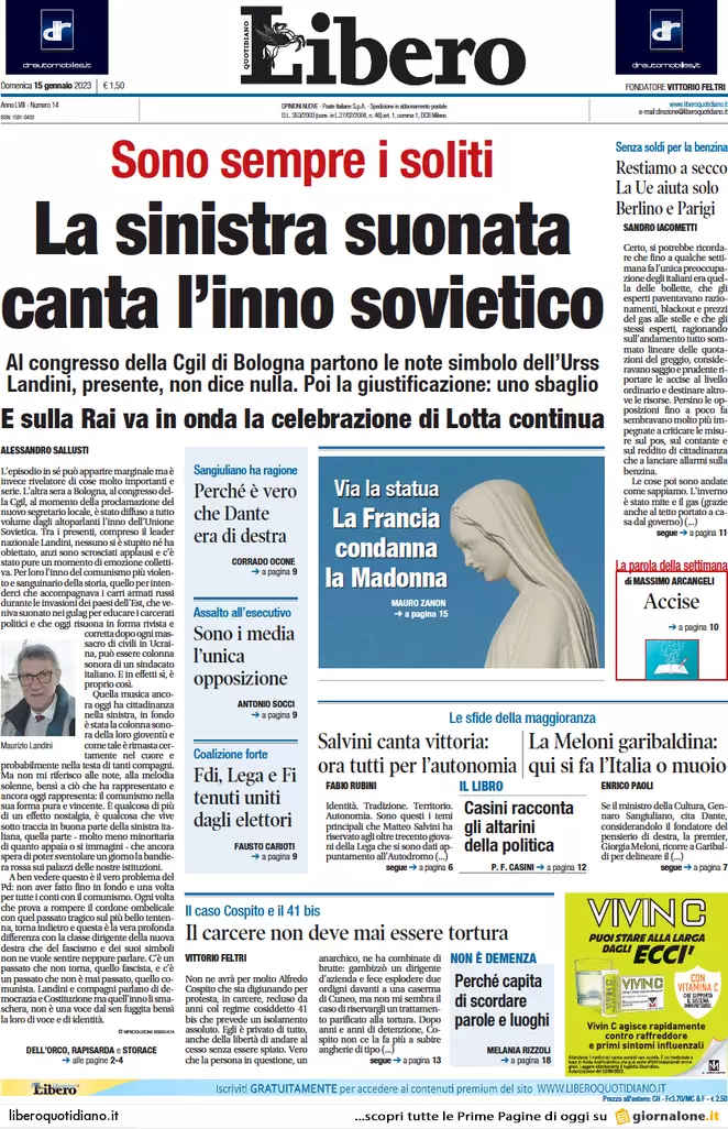 Prime pagine giornali 15 gennaio 2023. Tensione Fi-FdI. Cartabia: Nordio cede