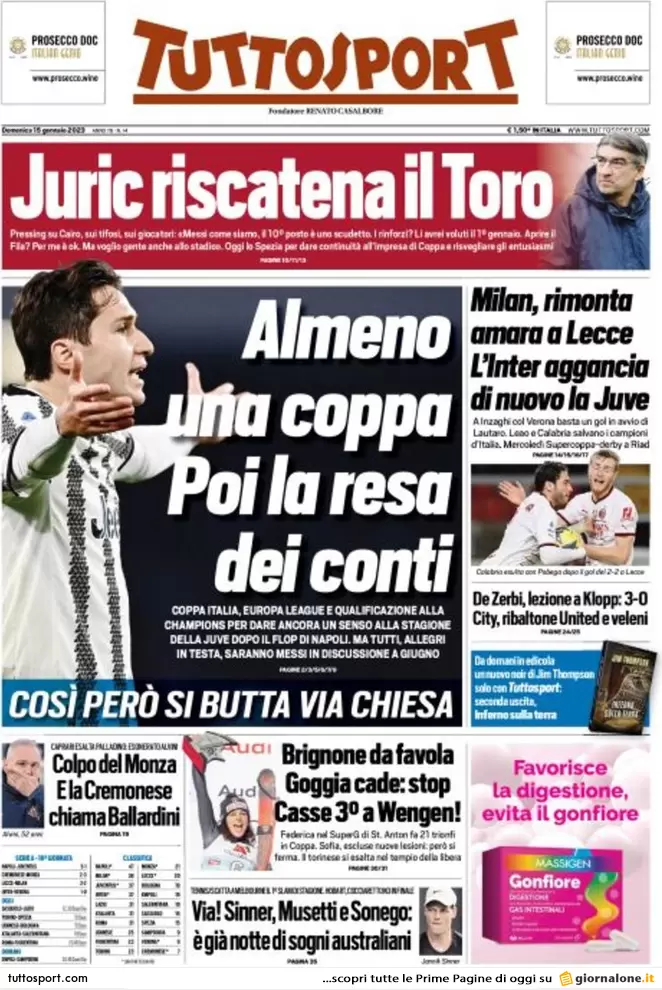 Prime pagine giornali 15 gennaio 2023. Tensione Fi-FdI. Cartabia: Nordio cede