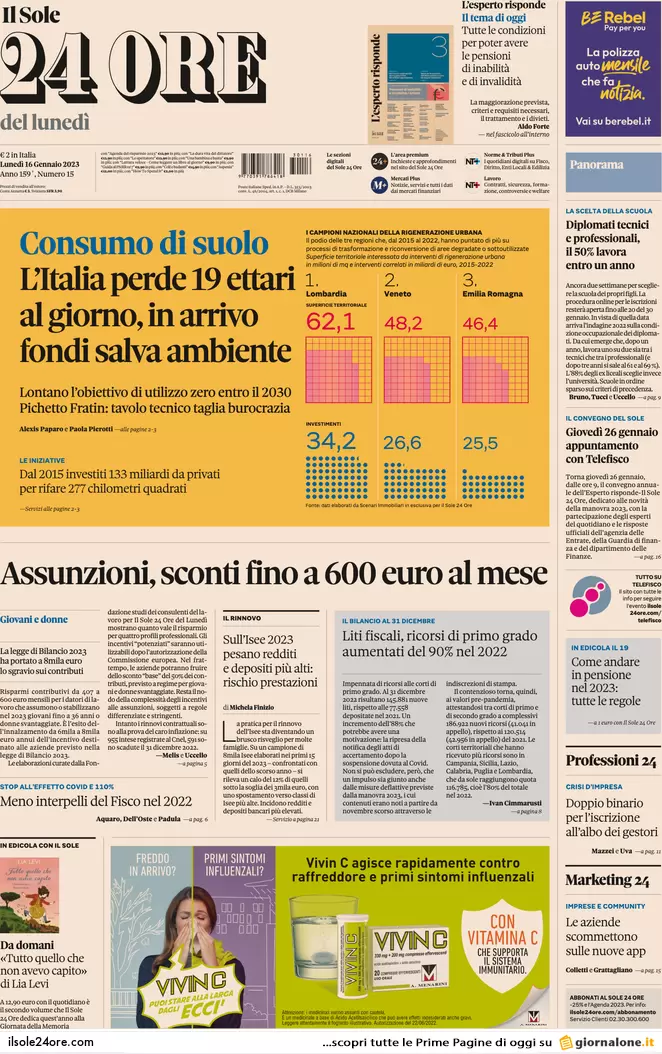 Prime pagine giornali 16 gennaio 2023. Governo, Meloni cede. Via libera al Mes