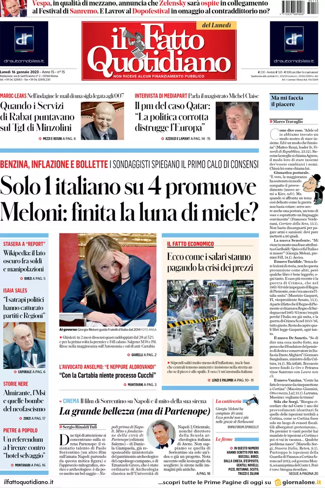 Prime pagine giornali 16 gennaio 2023. Governo, Meloni cede. Via libera al Mes