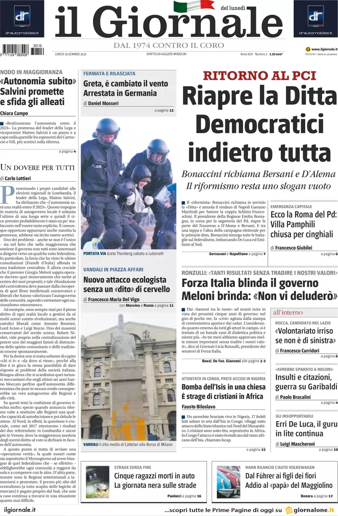 Prime pagine giornali 16 gennaio 2023. Governo, Meloni cede. Via libera al Mes
