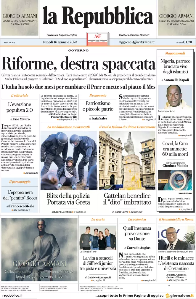 Prime pagine giornali 16 gennaio 2023. Governo, Meloni cede. Via libera al Mes