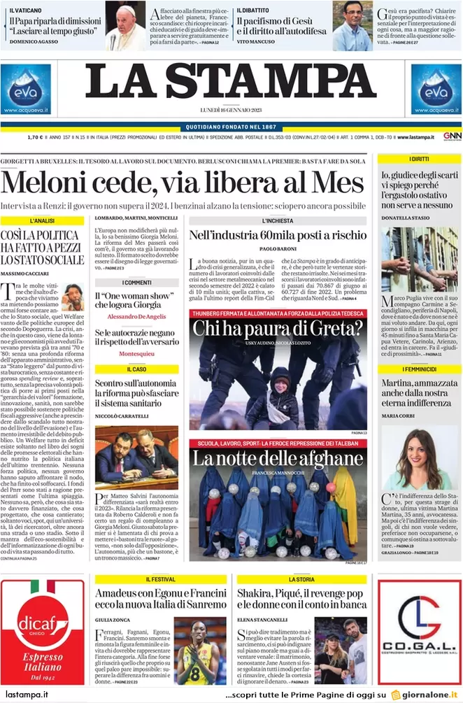 Prime pagine giornali 16 gennaio 2023. Governo, Meloni cede. Via libera al Mes