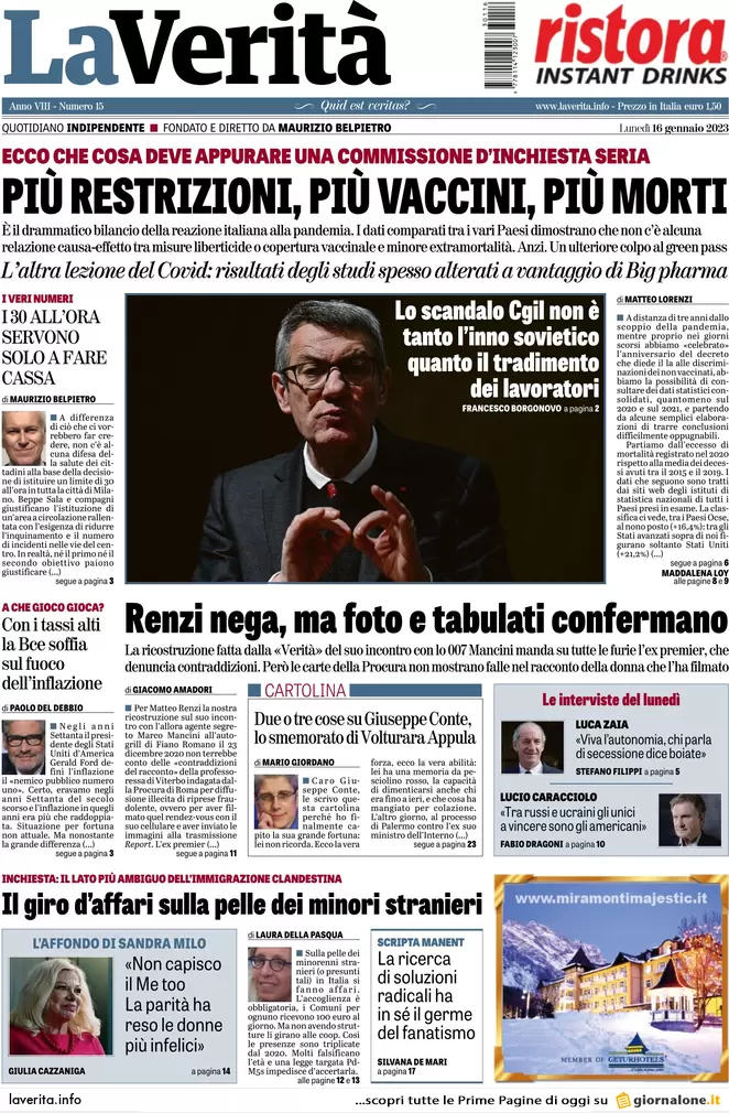 Prime pagine giornali 16 gennaio 2023. Governo, Meloni cede. Via libera al Mes