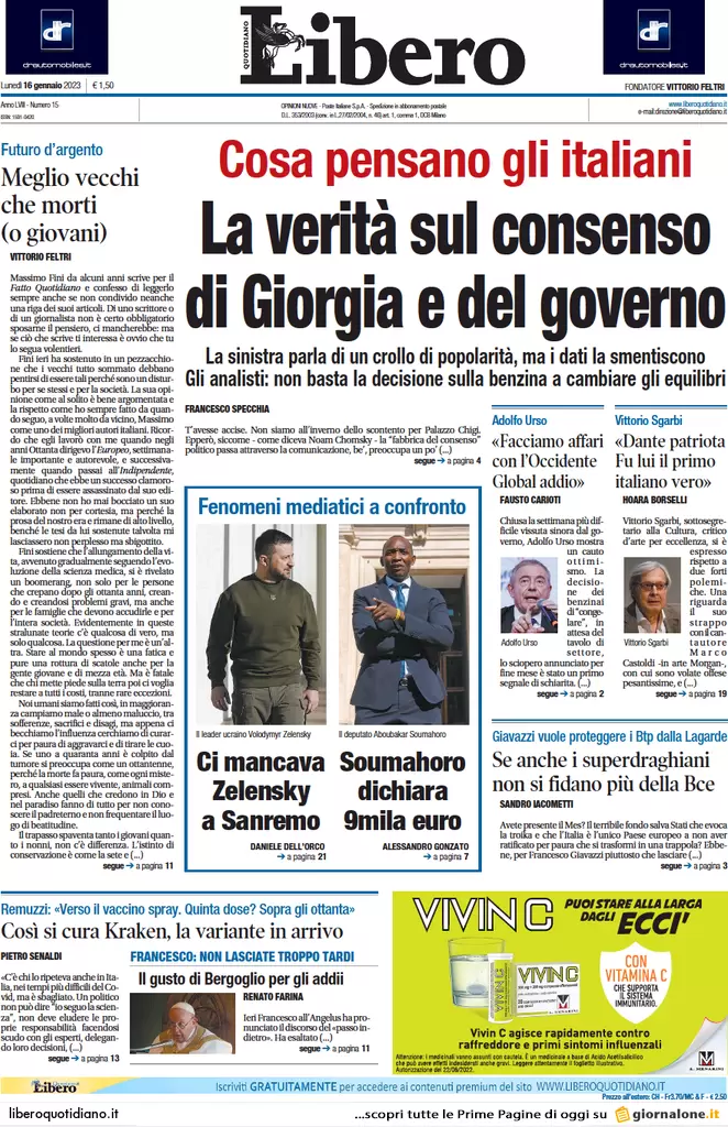 Prime pagine giornali 16 gennaio 2023. Governo, Meloni cede. Via libera al Mes