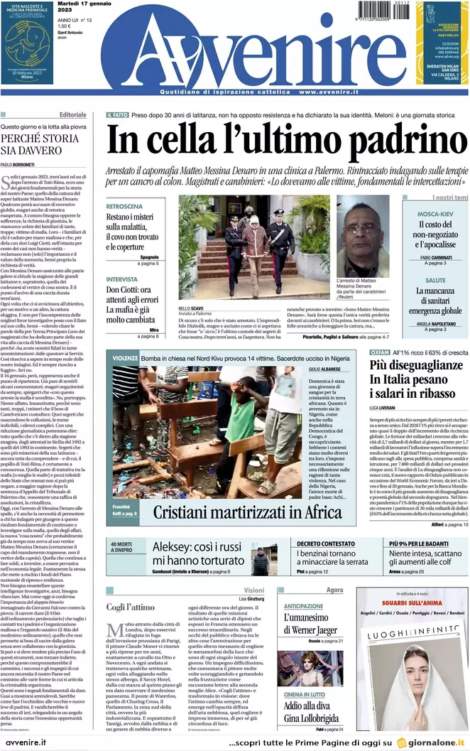 Prime pagine giornali 17 gennaio 2023. Mafia, preso il padrino delle stragi