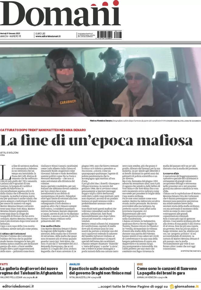 Prime pagine giornali 17 gennaio 2023. Mafia, preso il padrino delle stragi