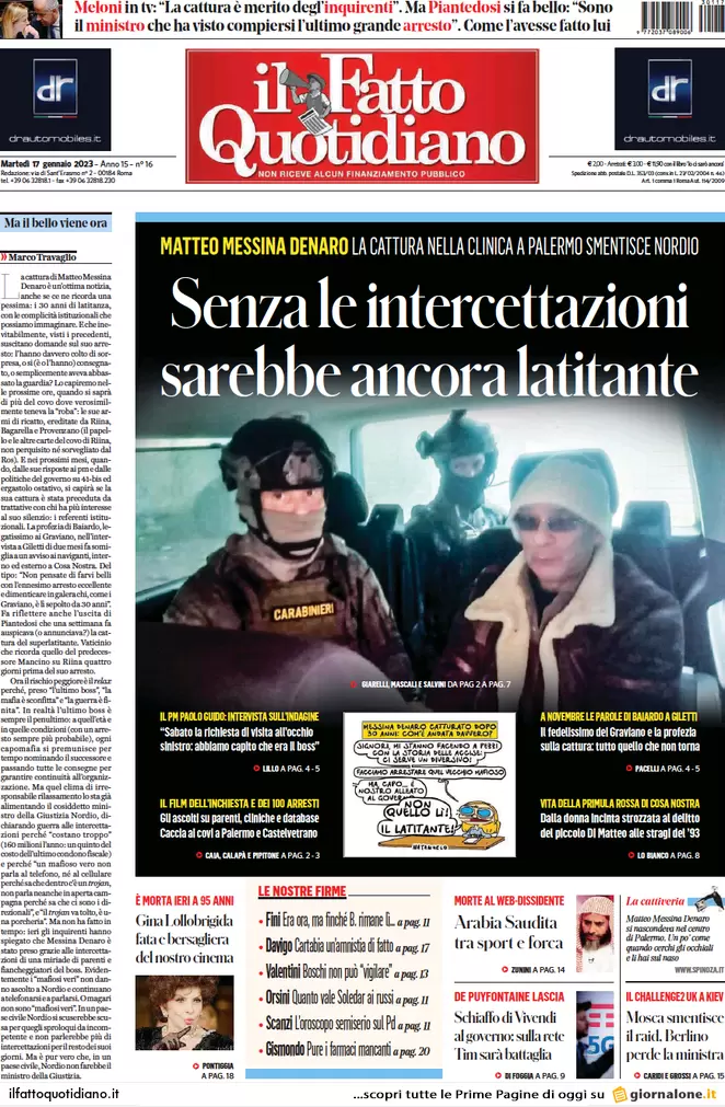 Prime pagine giornali 17 gennaio 2023. Mafia, preso il padrino delle stragi