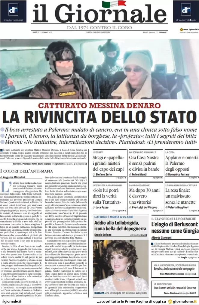 Prime pagine giornali 17 gennaio 2023. Mafia, preso il padrino delle stragi