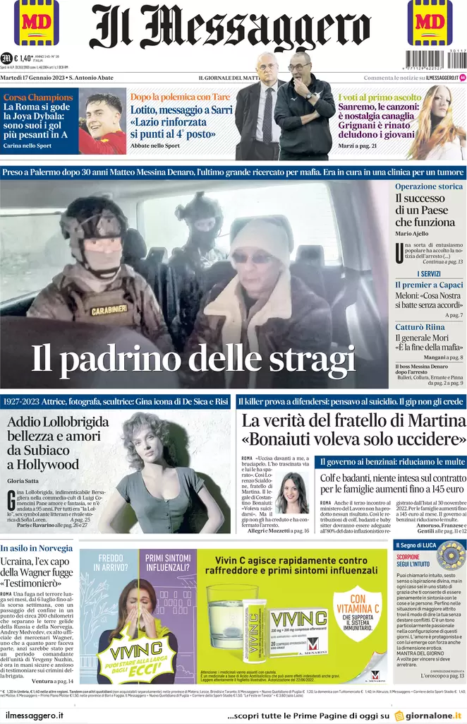 Prime pagine giornali 17 gennaio 2023. Mafia, preso il padrino delle stragi