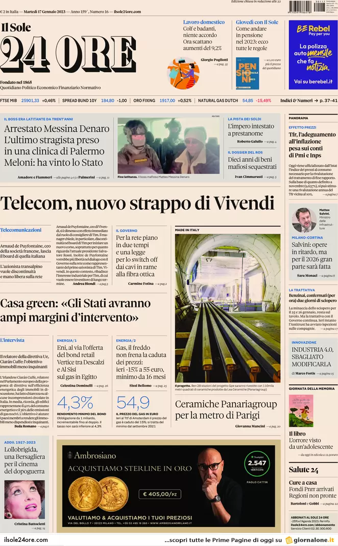Prime pagine giornali economici 17 gennaio. Telecom, nuovo strappo di Vivendi Prime pagine giornali economici 17 gennaio. Telecom, nuovo strappo di Vivendi
