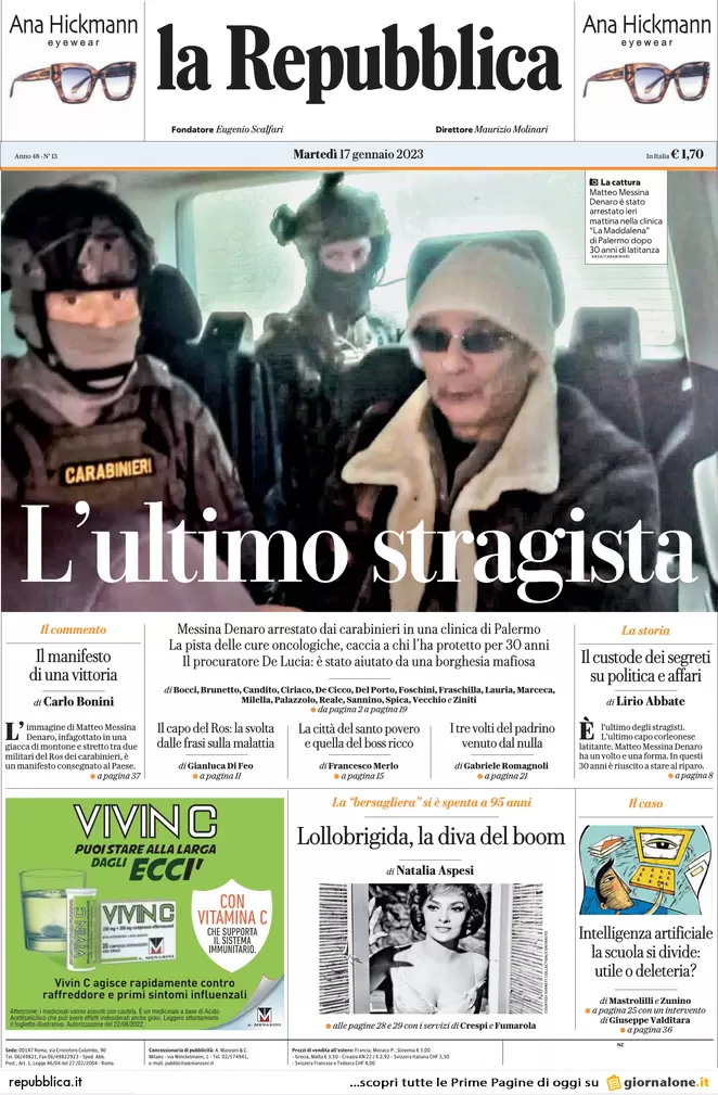 Prime pagine giornali 17 gennaio 2023. Mafia, preso il padrino delle stragi