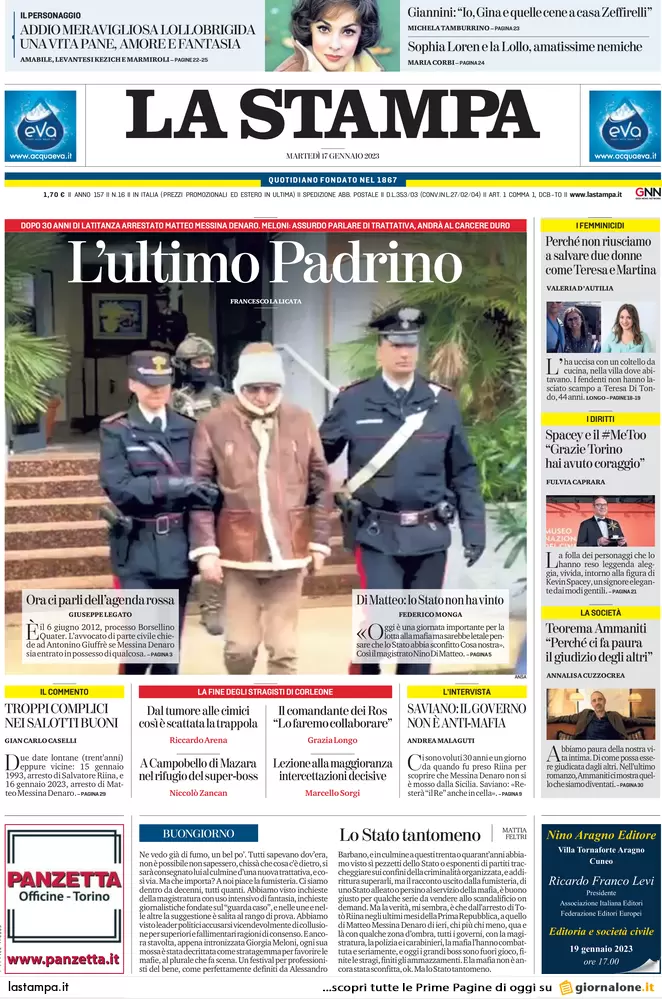 Prime pagine giornali 17 gennaio 2023. Mafia, preso il padrino delle stragi