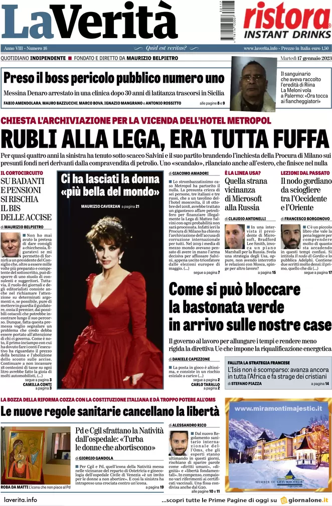 Prime pagine giornali 17 gennaio 2023. Mafia, preso il padrino delle stragi
