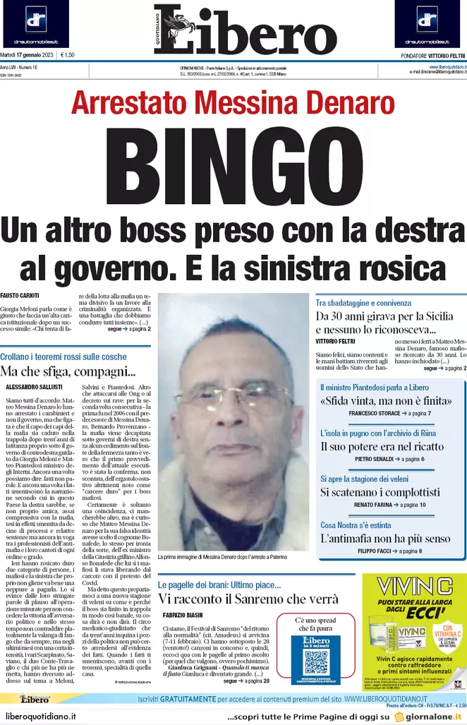 Prime pagine giornali 17 gennaio 2023. Mafia, preso il padrino delle stragi