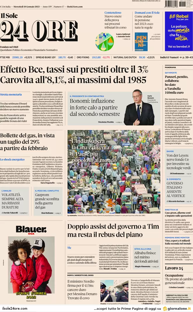 Prime pagine giornali 18 gennaio 2023. Mafia, caccia ai segreti del padrino