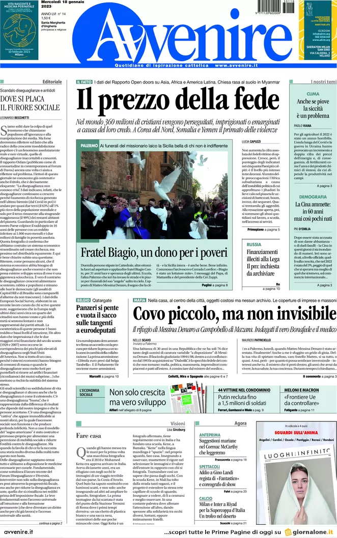 Prime pagine giornali 18 gennaio 2023. Mafia, caccia ai segreti del padrino