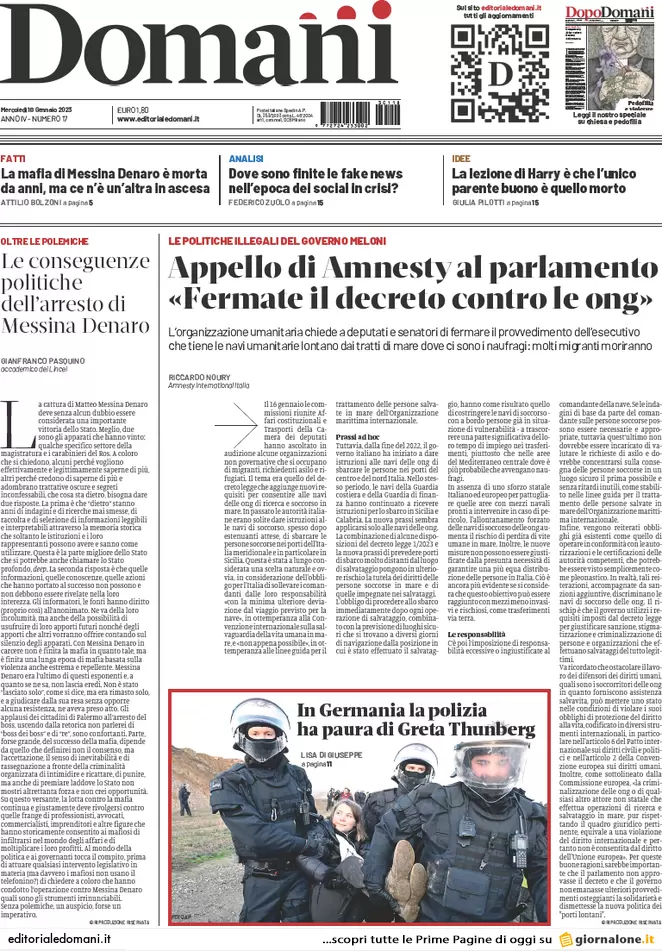 Prime pagine giornali 18 gennaio 2023. Mafia, caccia ai segreti del padrino