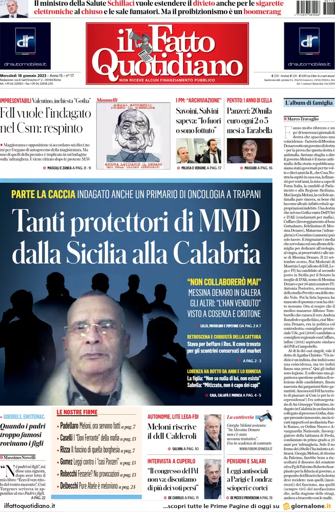 Prime pagine giornali 18 gennaio 2023. Mafia, caccia ai segreti del padrino