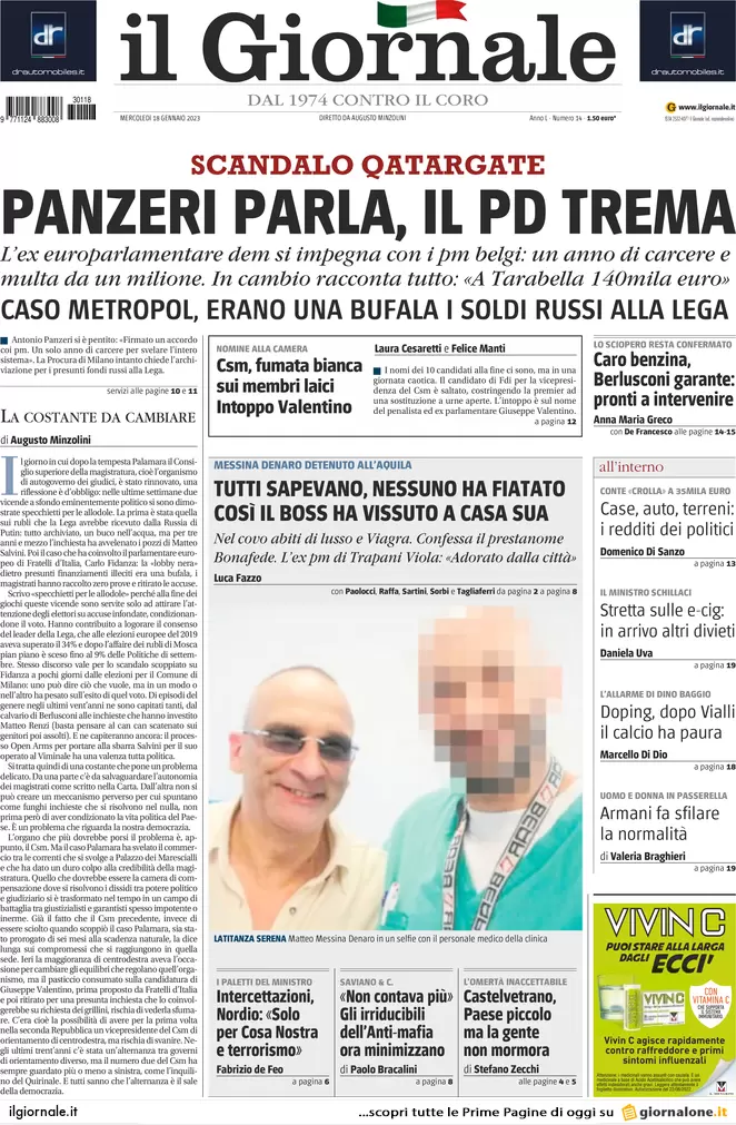 Prime pagine giornali 18 gennaio 2023. Mafia, caccia ai segreti del padrino