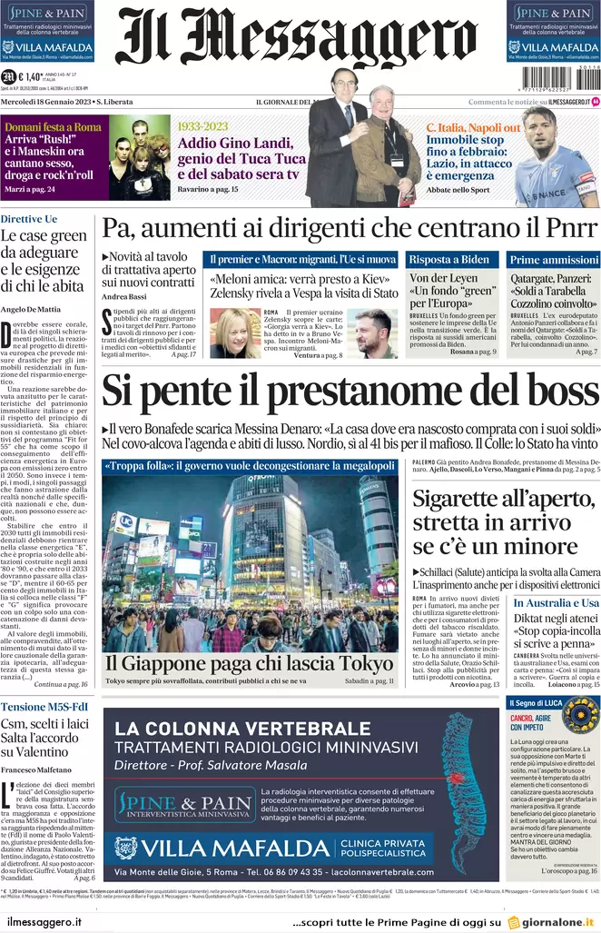 Prime pagine giornali 18 gennaio 2023. Mafia, caccia ai segreti del padrino