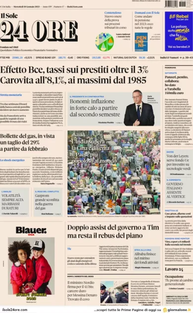 Prime pagine giornali economici 18 gennaio. Carovita all’8,1%, l’effetto Bce