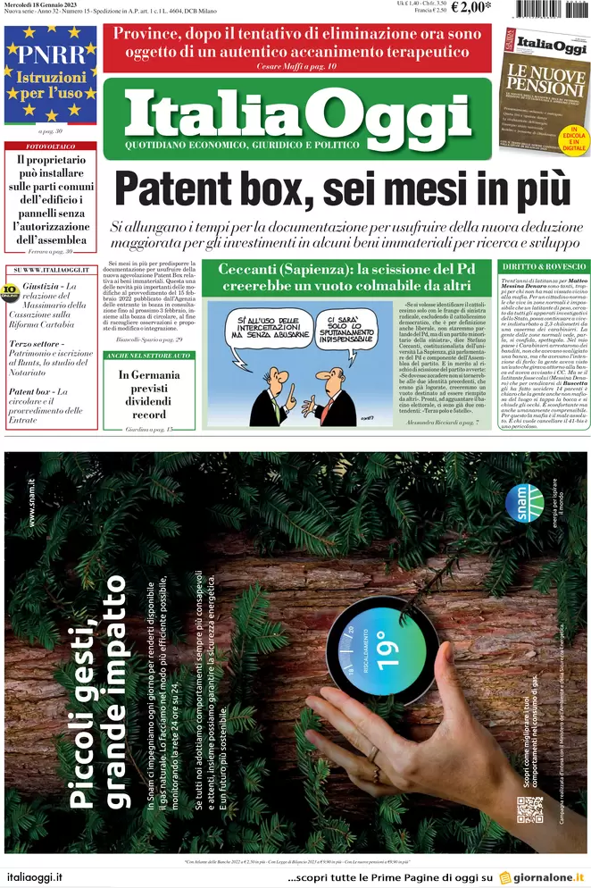 Prime pagine giornali economici 18 gennaio. Carovita all’8,1%, l’effetto Bce