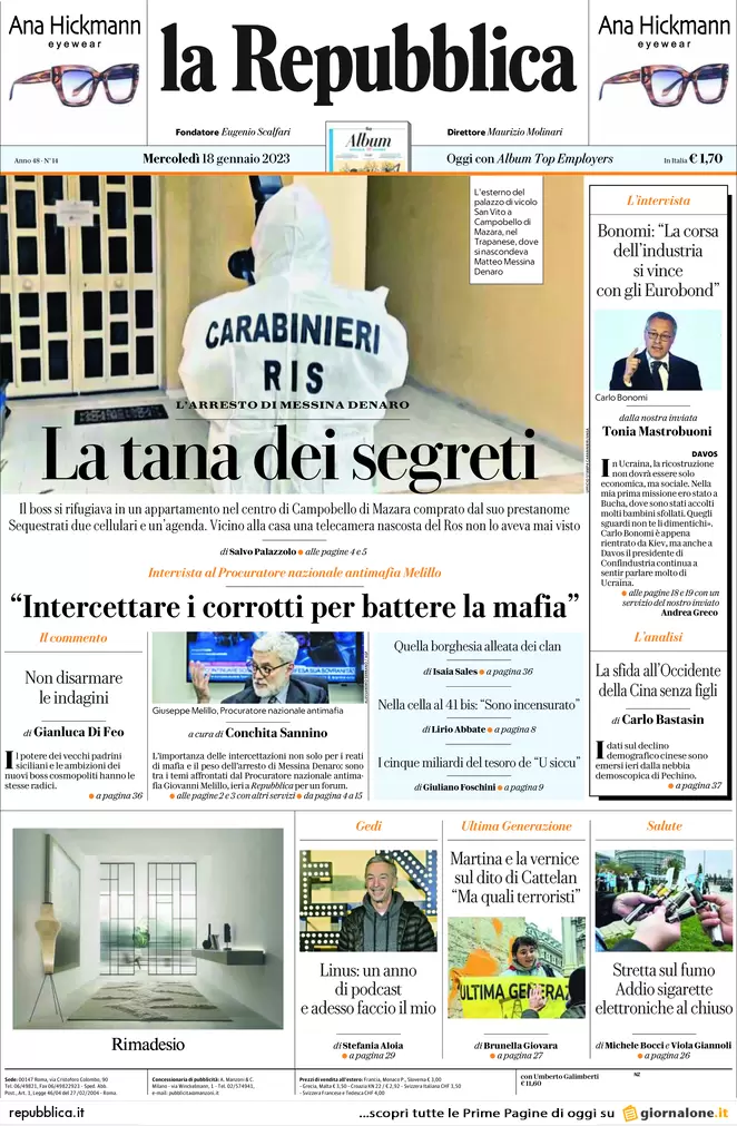 Prime pagine giornali 18 gennaio 2023. Mafia, caccia ai segreti del padrino