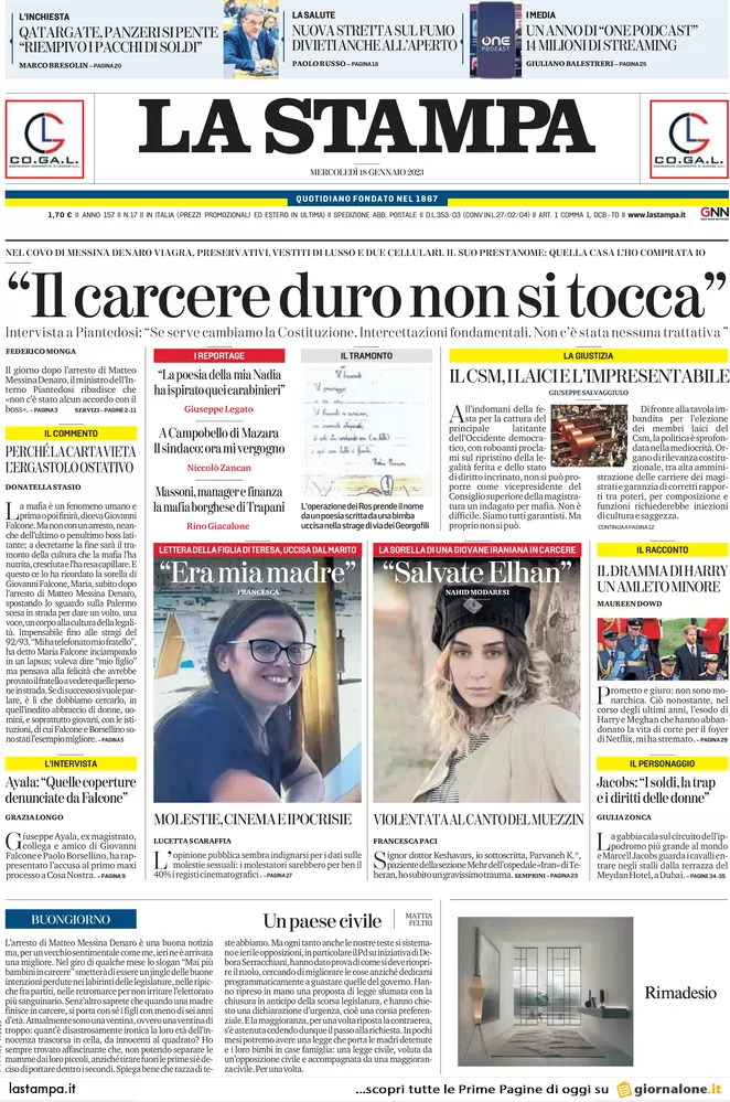 Prime pagine giornali 18 gennaio 2023. Mafia, caccia ai segreti del padrino