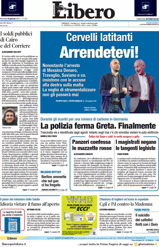 Prime pagine giornali 18 gennaio 2023. Mafia, caccia ai segreti del padrino