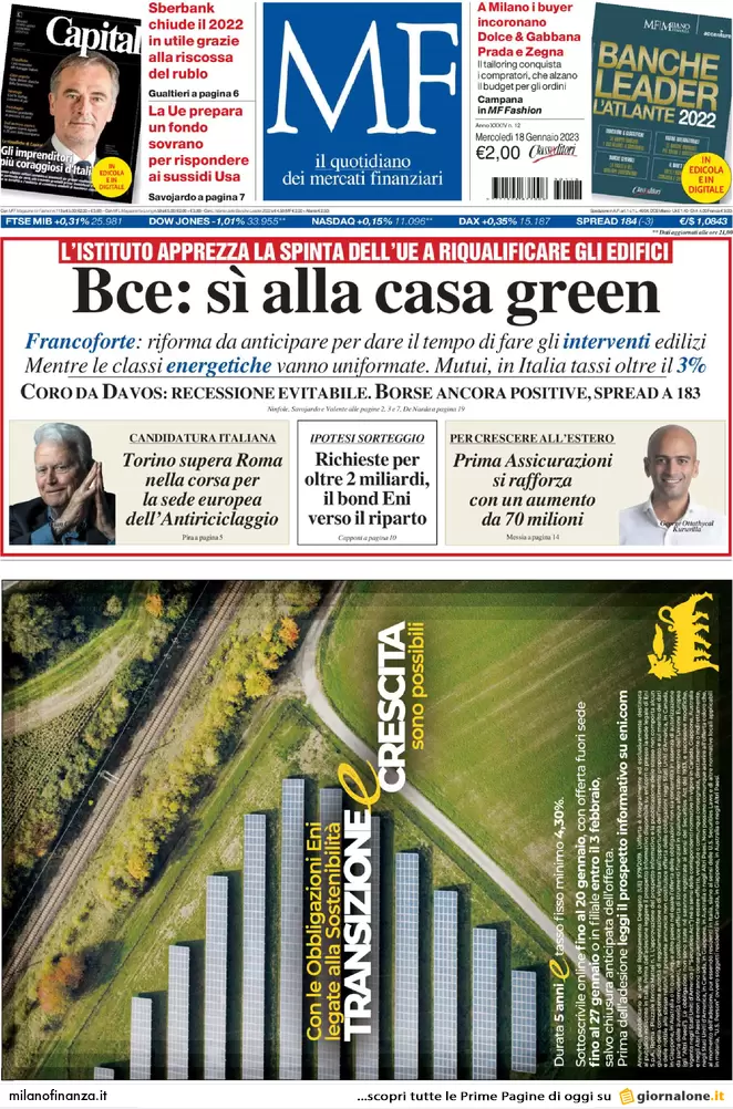 Prime pagine giornali economici 18 gennaio. Carovita all’8,1%, l’effetto Bce